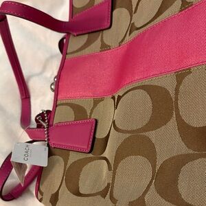 Coach Beige/Brown Signature Canvas Tote with Hot Pink Trim